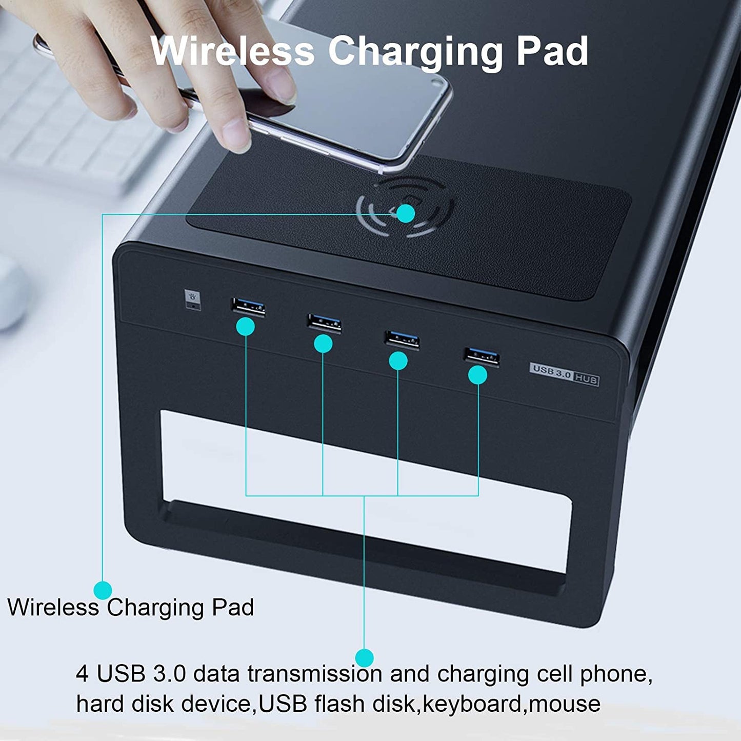 Monitor Riser with USB Hub and Wireless Charging