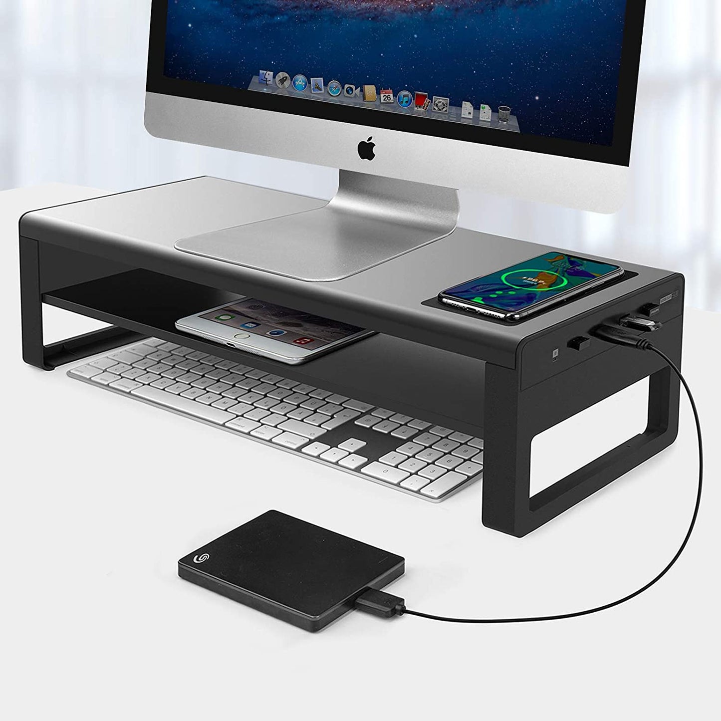 Monitor Riser with USB Hub and Wireless Charging